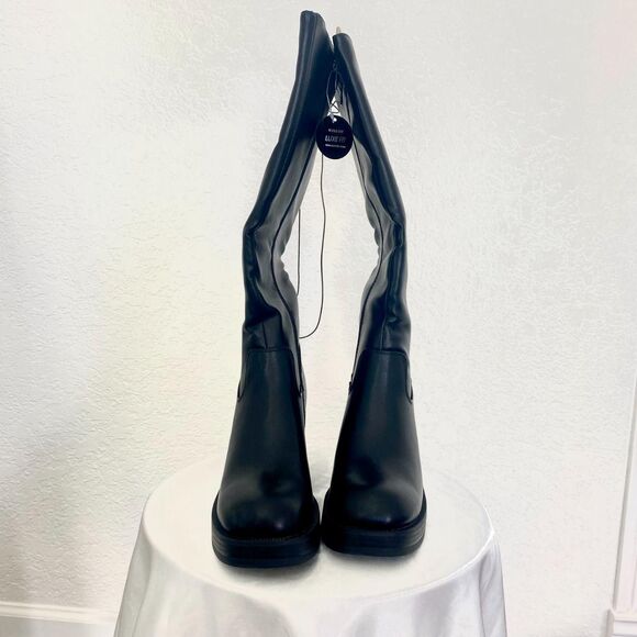 NWT Windsor Chunky Platform Black Faux Leather Wide Calf Knee High Boots US 5.5 - Picture 3 of 8